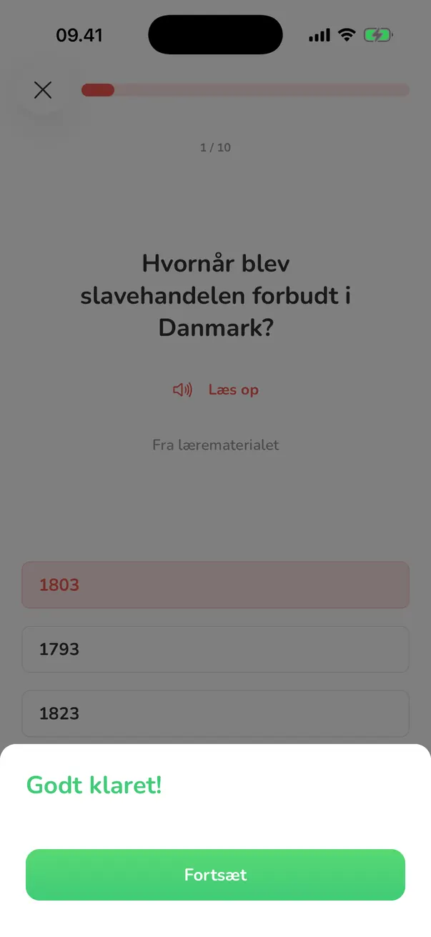 Et øvespørgsmål med svarmuligheder i Nyborger-appen