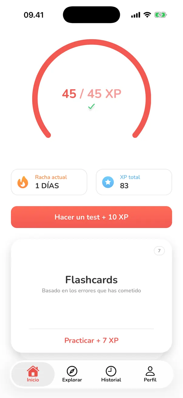 Pantalla de inicio de la app Nyborger con el objetivo diario de XP, un botón de prueba y tarjetas