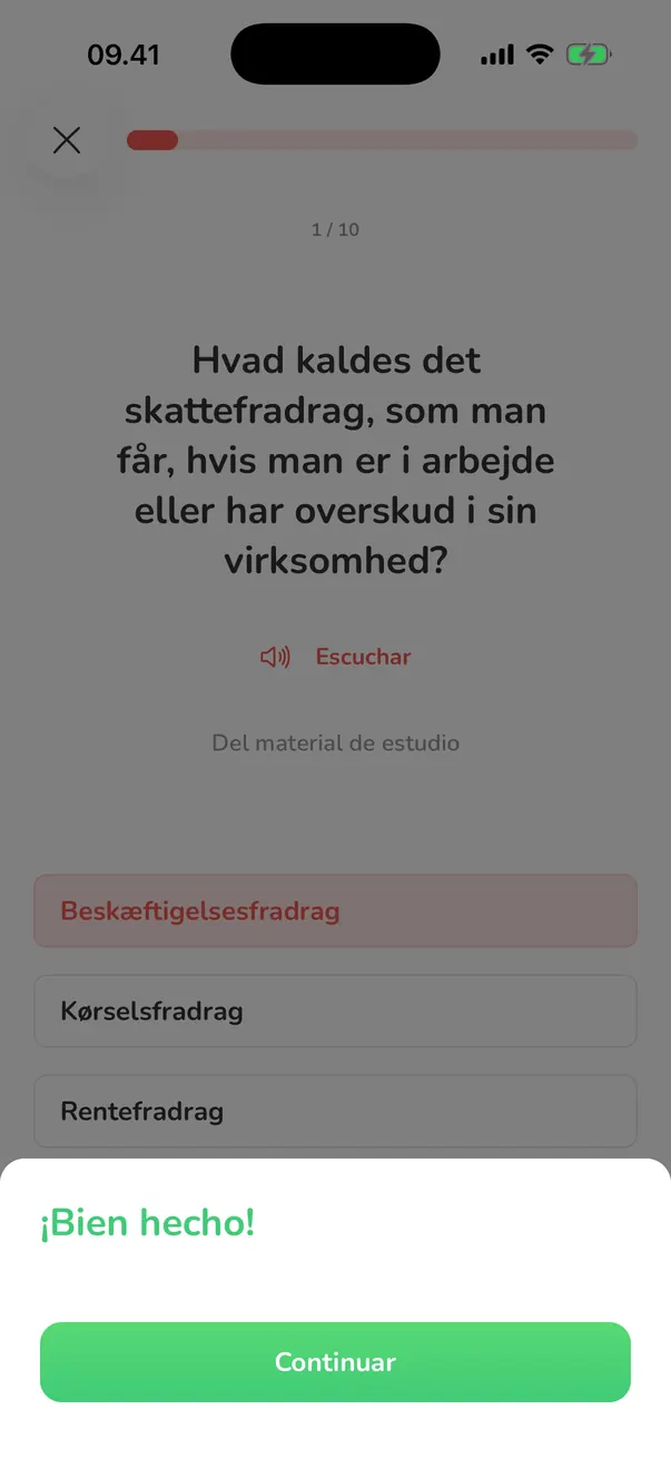 Una pregunta de práctica con opciones en la app Nyborger